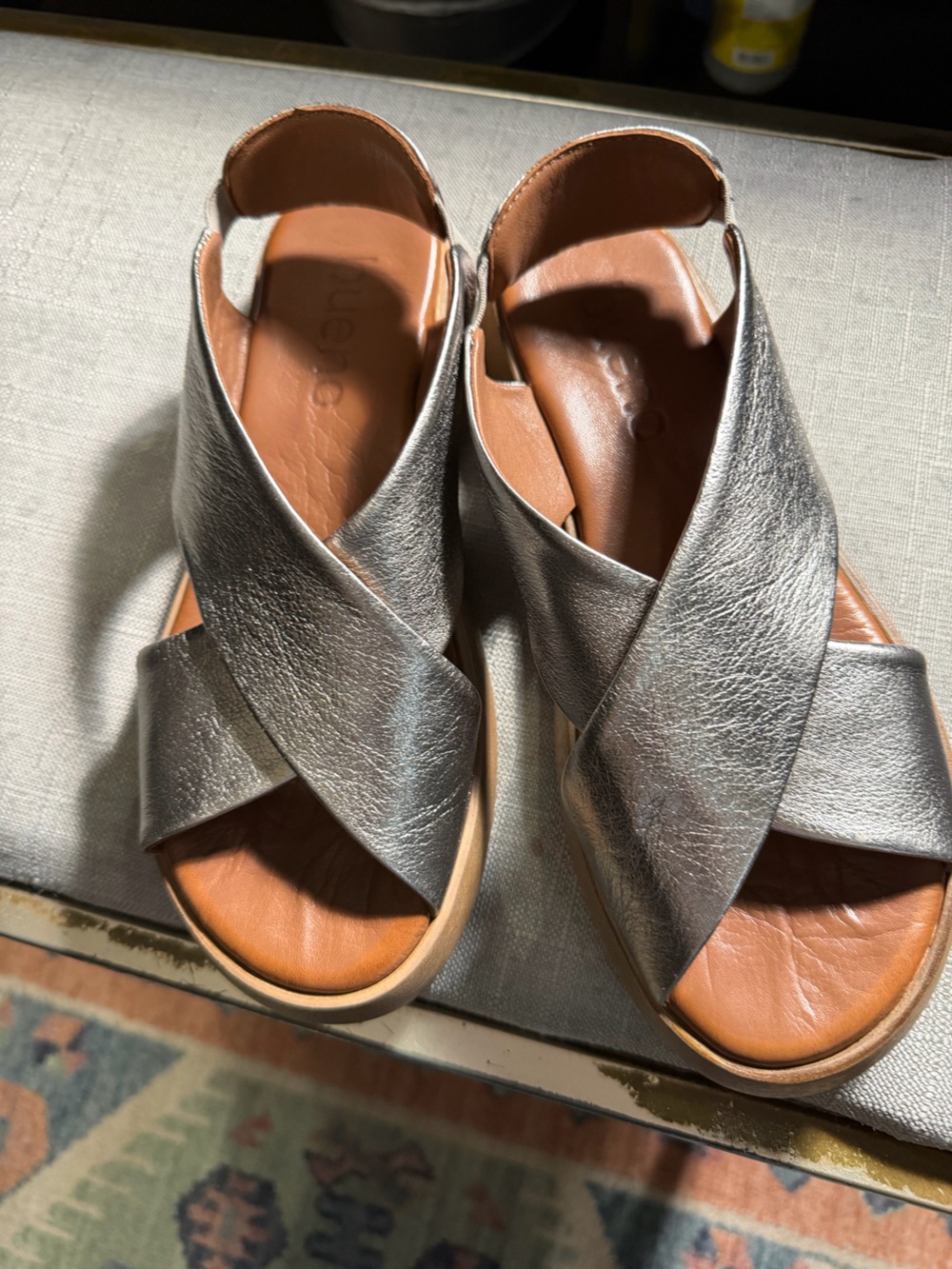 Bueno Metallic Silver Cross-Over Sandals with Tan Footbed